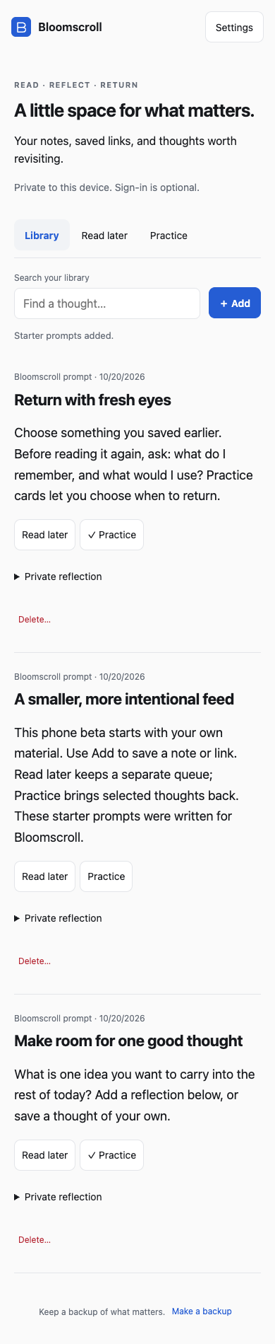 Bloomscroll phone library with original starter prompts, Read later and Practice controls, and a Private reflection action.